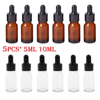 

5pcs x 5ml/10ml Amber Clear Glass Dropper Bottles Empty Refillable Essential Oil Containers with Black Head Dropper Caps