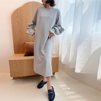 

Black Gray Sweatshirt Dress Women Casual Loose Long Sleeve o Neck Long Dress Side Split Patchwork Long Pullover Dress Female