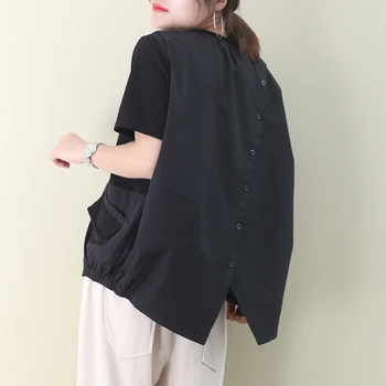 

[EWQ] 2020 Spring Summer New Pattern Round Collar Short Sleeve Behind Single Breasted Vintage T-shirt Women AK96500