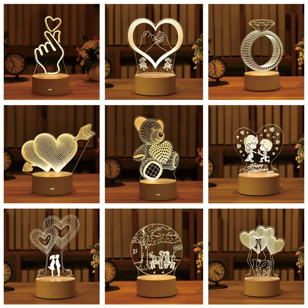 3d Led Night Light Creative Table Lamp Valentine's Day Gift Romantic Heart-shaped Decorative Children's Birthday Gift. | Дом и сад