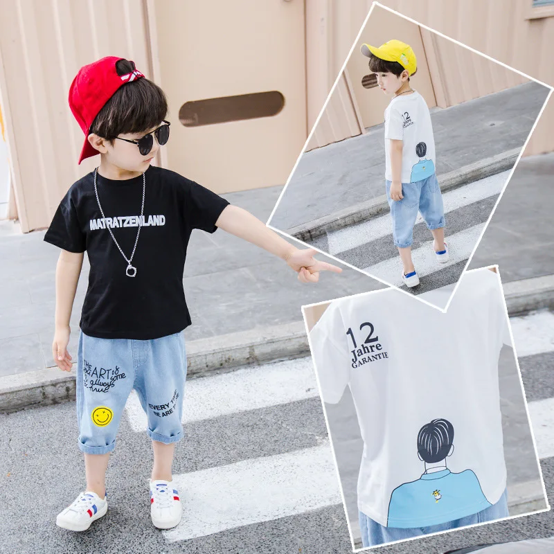 

2019 New Style Korean-style Fashion Childrenswear BOY'S Clothes with Short Sleeves Summer Sports Set Children Cowboy Two-Piece S
