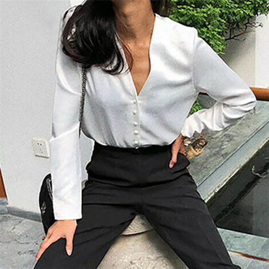 

Office Lady Shirt Fashion Women V-Neck Solid Long Sleeve Button Blouse Tops Lange Mouwen Chemisier Femme Peplum Top Blusas