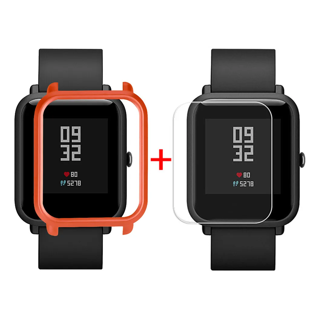 Watermelon Red Защитный чехол-накладка+ Защитная пленка для экрана для Xiaomi/Huami Amazfit Bip Youth Watch тонкий цветной Чехол-рамка#25 - Цвет: Watermelon Red