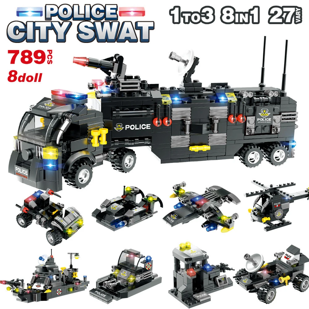 

Compatible lys city Police Build Blocks Police Car Helicopter Van 8 in 1 792pcs Bricks Educational Toys children