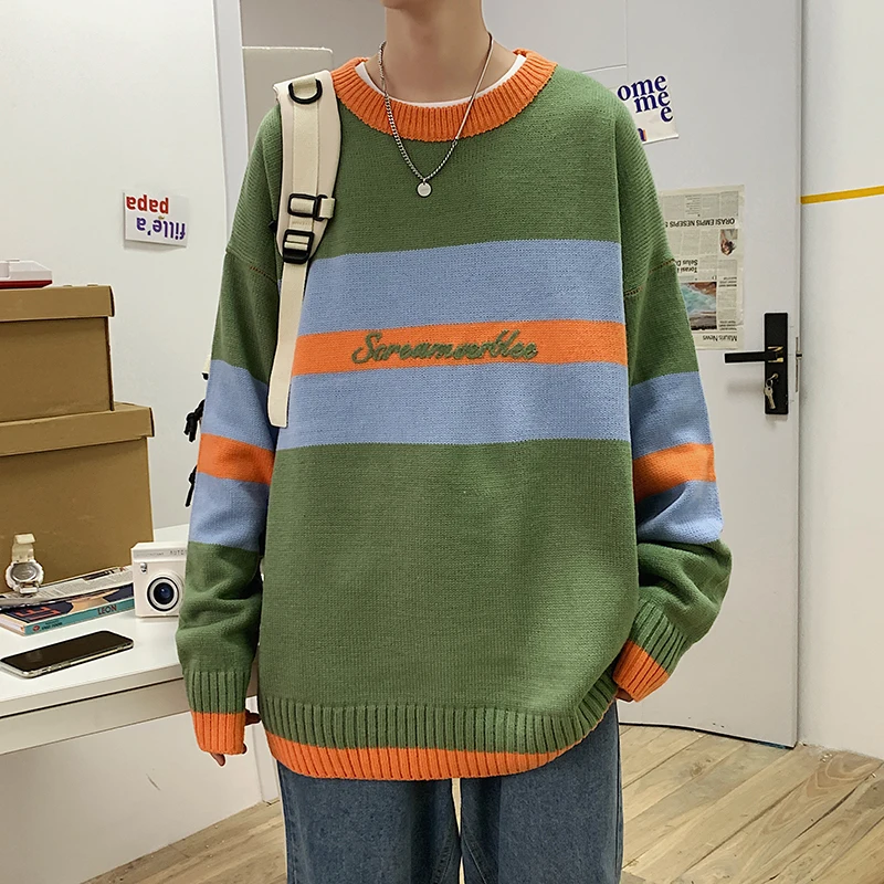 

Round Neck Men's Sweater Letter Towel Embroidered Cartoon Long Sleeve Casual Loose Hong Kong Style Knitting