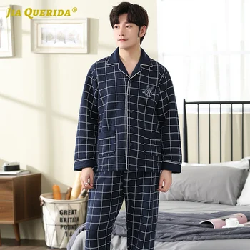 

New Plaid Printing Turn Down Collar Long Sleeve Long Pants Man Clothes Homesuit Homeclothes Pajamas Set 3 Layers Padded Cotton