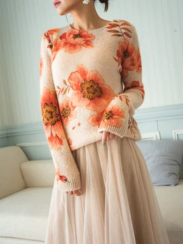 

Women Sweater 2019 Autumn and Winter Round Neck Pink Mohair Sweater