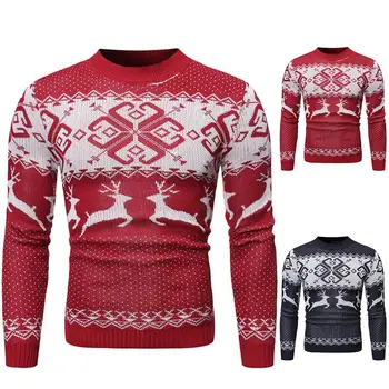 

Autumn Winter Xmas Chic Men Elk Print O Neck Long Sleeve Pullover Sweater Blouse Top Polyester Casual Slim Men's Sweater S-XL