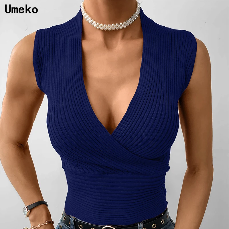 Umeko Summer Sweater Women Pull Femme Low Cut Sexy Knitted Vest T shirt