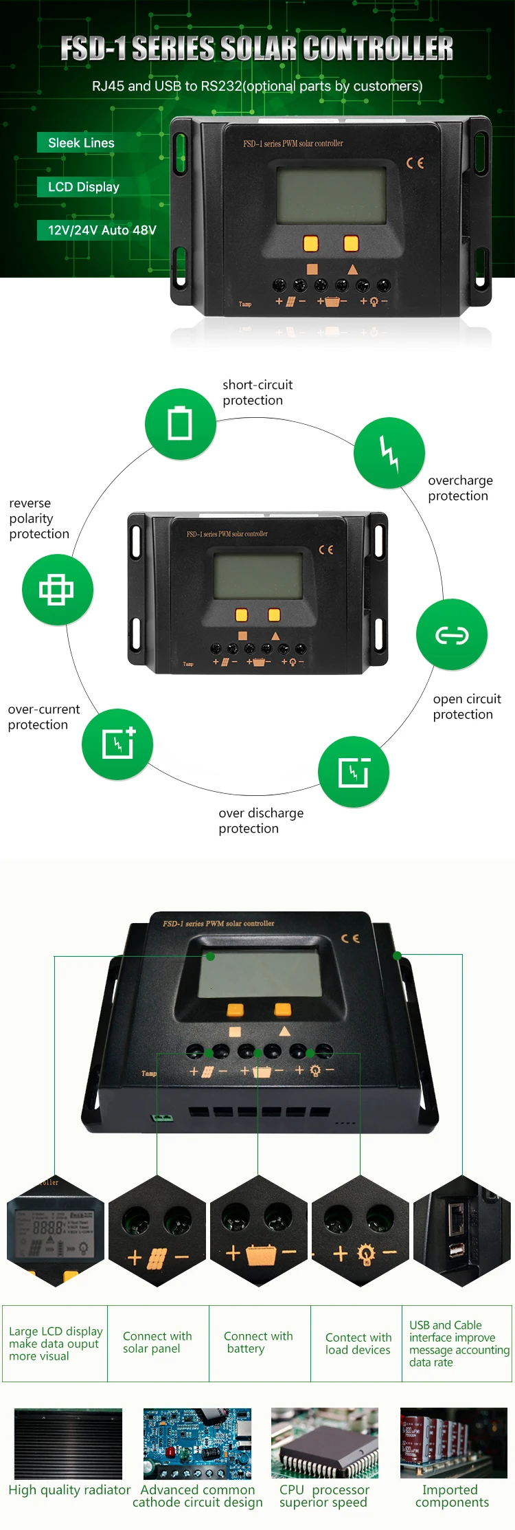 FSD-1 10A Intelligent PWM Solar Panel Charge Controller LCD Display USB Port