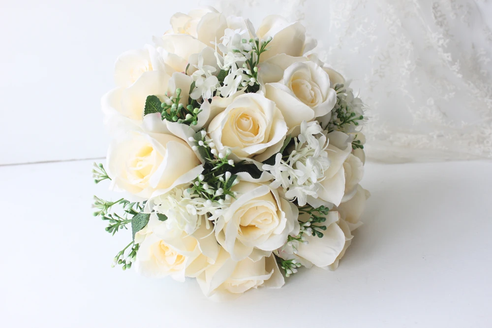 Искусственные белые розы букет Свадебный букет de mariage ручной работы Листья цветы Свадебные букеты невесты