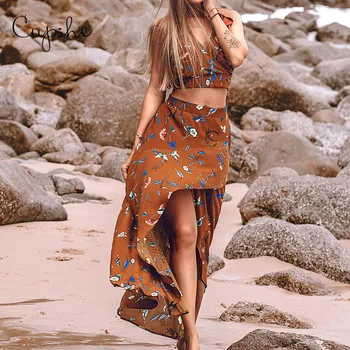 

CUPSHE Elegant Rusty Red Ruffle High Low Skirt 2020 Boho Beach Summer Women Bohemian Floral Print Ruffled Vestidos de festa