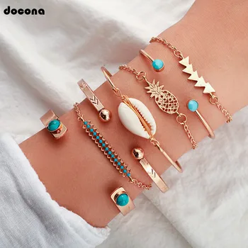 

docona Boho Shell Pinapple Arrow Multilayer Bracelet Set for Women Metal Opening Adjustable Chains Bracelet Bangle 7pcs/set 9628