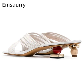 

Asymmetrical Metal Heel Slippers Women Sewing Cross Band Fashion Ladies Party Shoes Novelty Strange Heel Shoes Woman