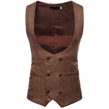 

Casual Slim Fit Sleeveless Solid Suit Vest Autumn Winter Business U Collar Double Row Button Men