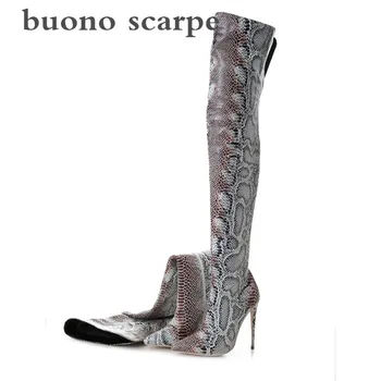 

Super high-heeled knee boots python pattern sexy side zipper personality tide stretch boots