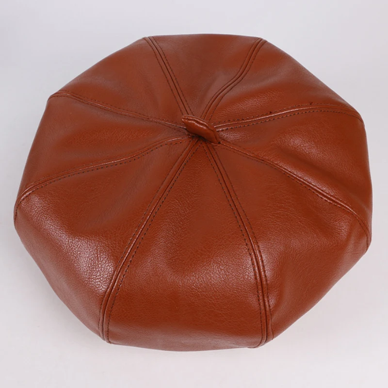 Caramel HT2813 береты, осенне-зимняя шапка, Женская однотонная Кожаная шапка, восьмиугольная шапка, женский берет, шапка, повседневная женская шапка художника - Цвет: Caramel