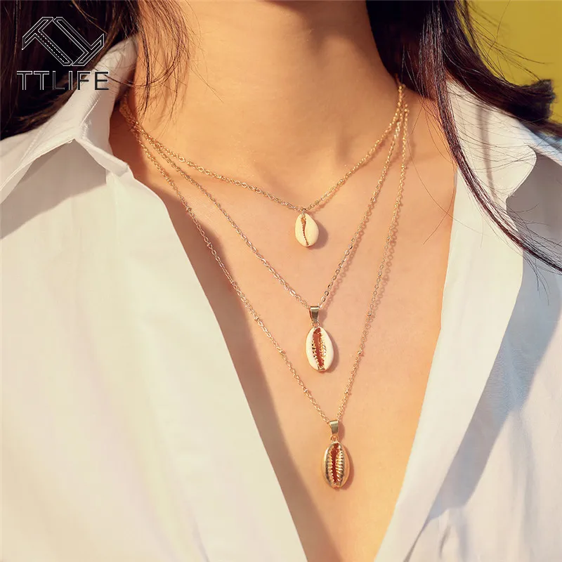 

TTLIFE New Bohemian Three Layers of Shell Pendant Necklace Natural Shell Gold Cowrie Women Cowry Seashell Necklace Jewelry 2020