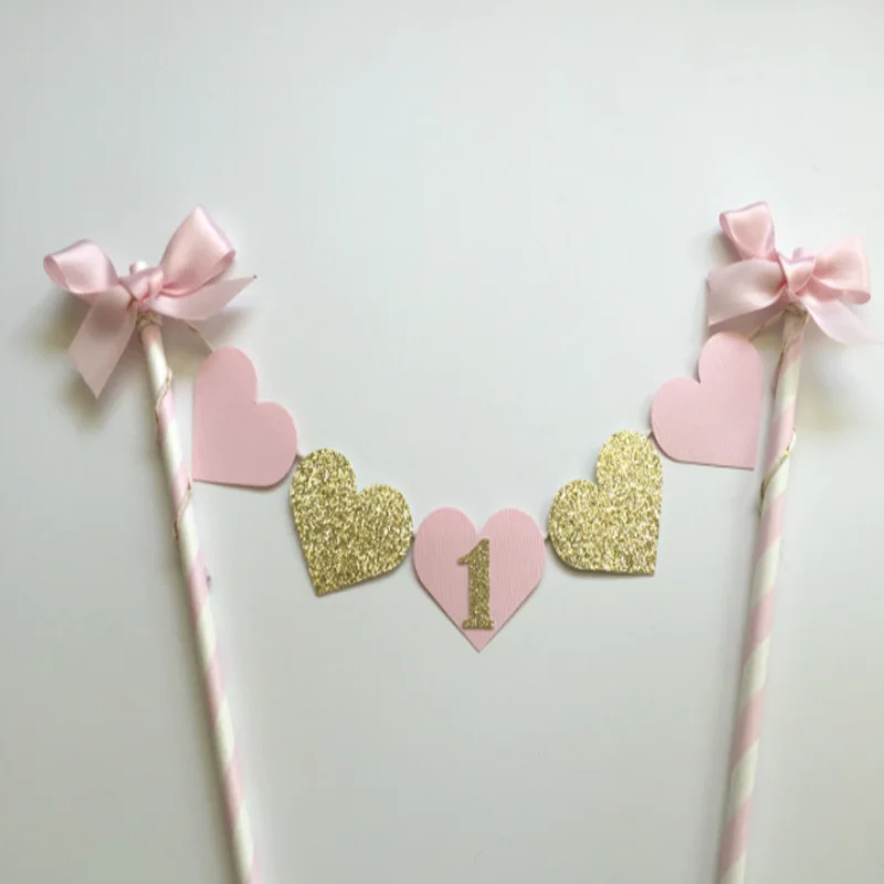 1 set Kawaii Glitter Gold Baby Girl First Birthday Party Cake Decoration Pink Heart Topper with Bowknot | Дом и сад