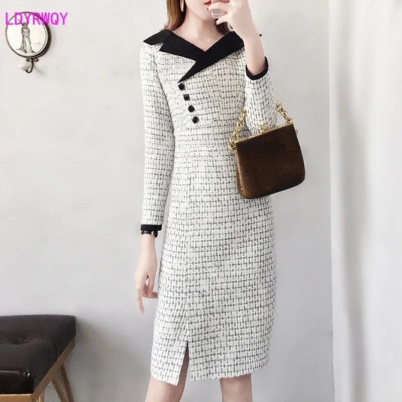 

2019 autumn and winter new Korean women's temperament retro stitching contrast color lapel long sleeve waist slimming dress