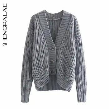 

SHENGPALAE 2020 New Spring Autumn Long Sleeve Jumper Knitted Loose Fashion Pullover Femme Gray Cardigan Sweater ZA4986
