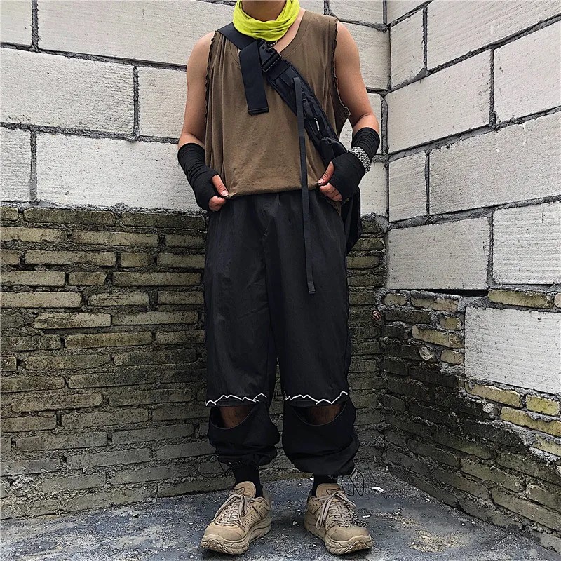 Женские брюки до колена в стиле хип-хоп Harajuku, спортивные штаны с эластичной резинкой на талии, Свободные повседневные длинные черные брюки