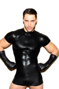 

Men Faux Leather Mesh Jumpsuits Wet Look Latex Black Stretch PVC Bodysuits Sexy Clubwear Men Open Crotch Lingerie Body Suit