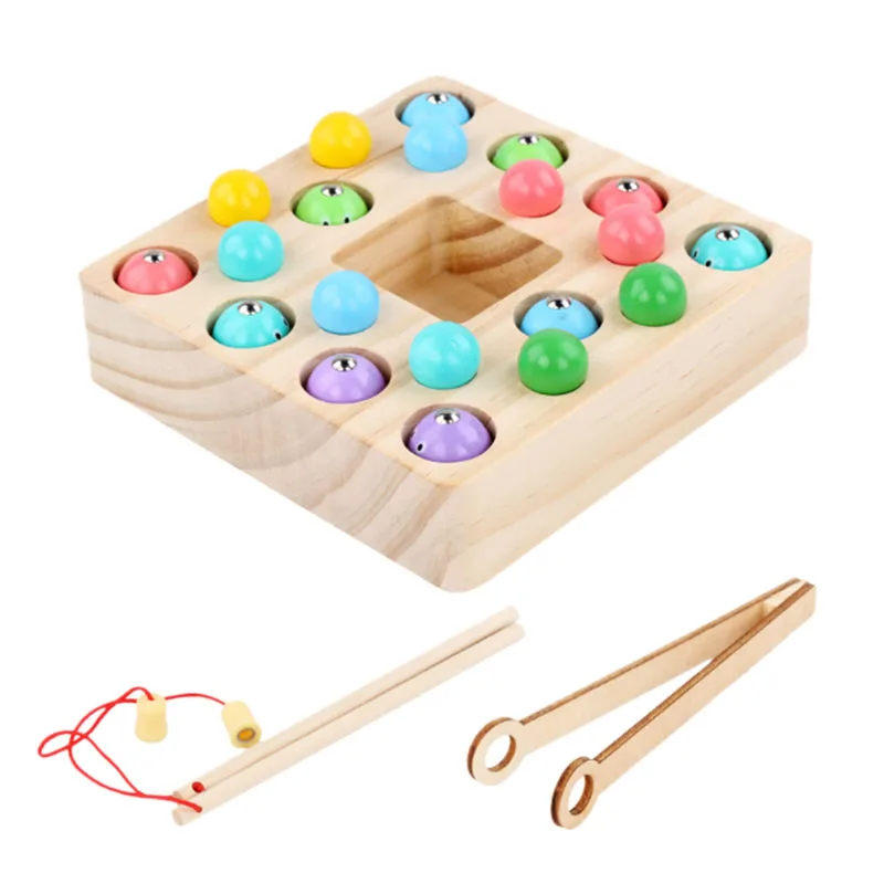 

2 In 1 Clip Beads Magnetic Fishing Game Toy Wooden Toys for Children with Fish Rod Kids Magnets Game,Wood Color