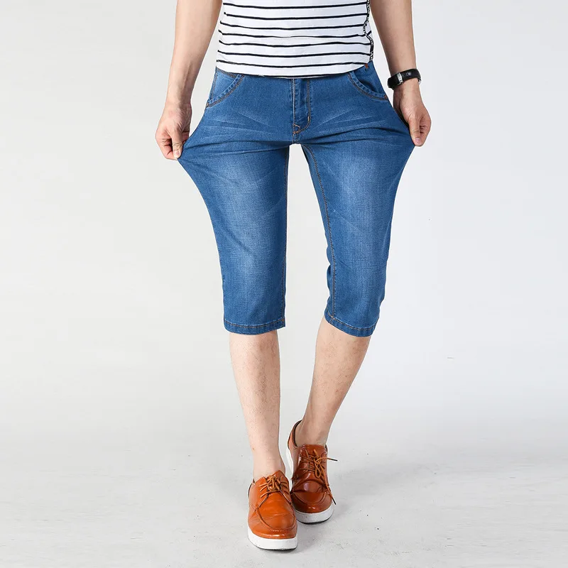 Летние мужские Ультра-тянущиеся укороченные джинсы прямого кроя, шорты veritile, модные, облегающие, средней талии, шорты, поколение жира