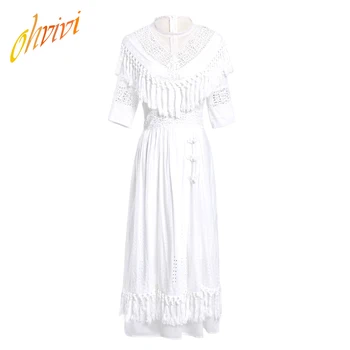 

2019 Summer New Design Mesh O Neck With V Neckline High Quality Solid Color Zip Up Maxi White Tassel Dress