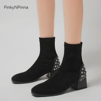 

2020 winter women super soft flock black ankle boots chunky heels metal studs rivets Gothic emo sreet style plus size booties