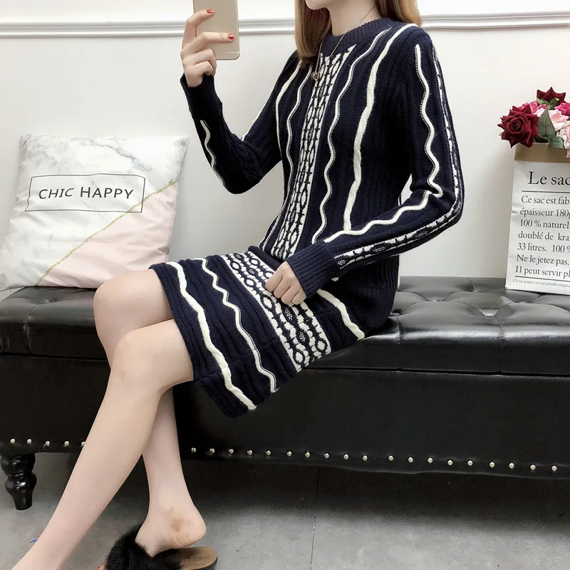 

Yang Mi Celebrity Style Autumn And Winter New Style Ethnic-Style Retro Knitted Pullover Midi-skirt WOMEN'S Suit Sweater Two-Piec