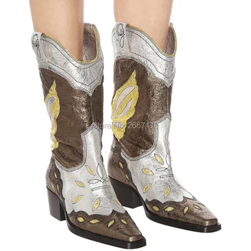 

New Women Cowboy Boots Embroidered Butterfly Texas Shoes Square toe Low Block Heel Distressed Knight Boots Autumn Winter