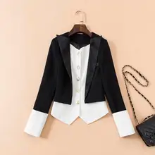 Осень Новая Европейская и американская Женская одежда с длинным рукавом с v-образным вырезом однобортный сшивание цвета модная куртка