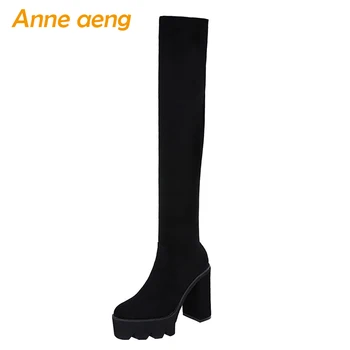 

2019 New Winter Women Over-The-Knee Boots High Square Heel Round Toe Solid Casual Women Platform Shoes Black Thigh High Boots