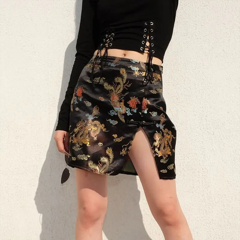 Женский китайский стиль Высокая талия мини облегающая юбка дракон вышивка Клубная одежда Y1AC