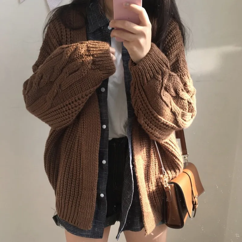 Women Autumn&Winter Casual Sweater Cardigan Solid Color Vintage Lantern Sleeve Round Neck Loose Cardigan Warm Knitted Sweater Co
