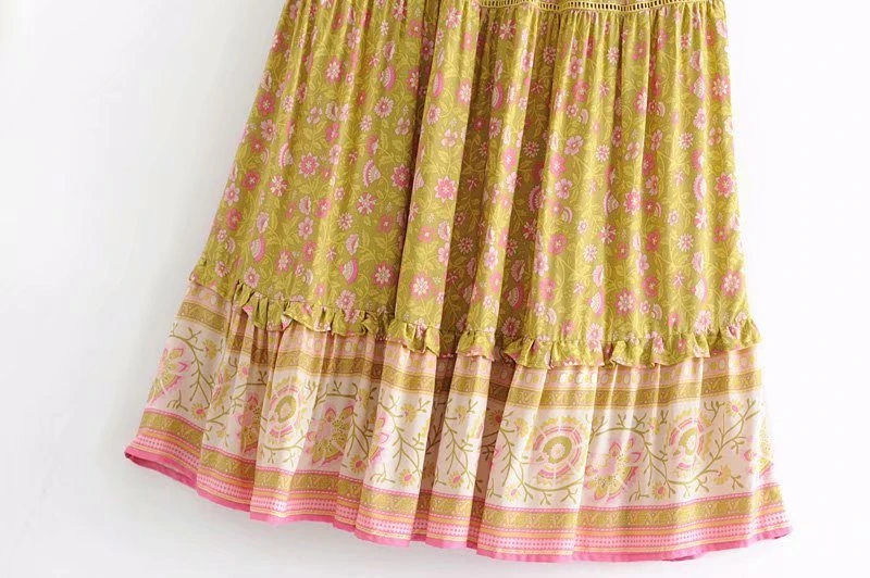 Винтажная шикарная модная хиппи Женская пляжная богемная желтая юбка с цветочным принтом высокая эластичная талия трапециевидная юбка макси в стиле бохо Femme
