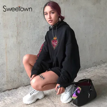 

Sweetown 2019 Autumn Winter Plus Size Long Hoody Sweatshirt Women Funny Print Long Sleeve Gothic Hoodies Pullover Streetwear
