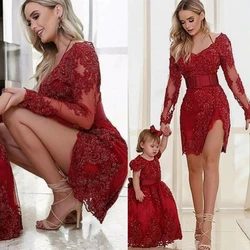 Modest Affordable Red Sheath Tight Mini Satin Lace Wedding Guest Dress Coctail Party Dresses 2021
