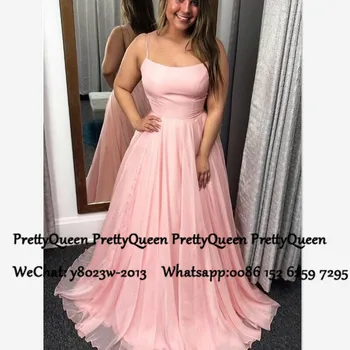 

Plus Size Women Pink Chiffon Prom Dresses Long A Line 2020 Spaghetti Strap Cheap Formal Evening Dress Gown