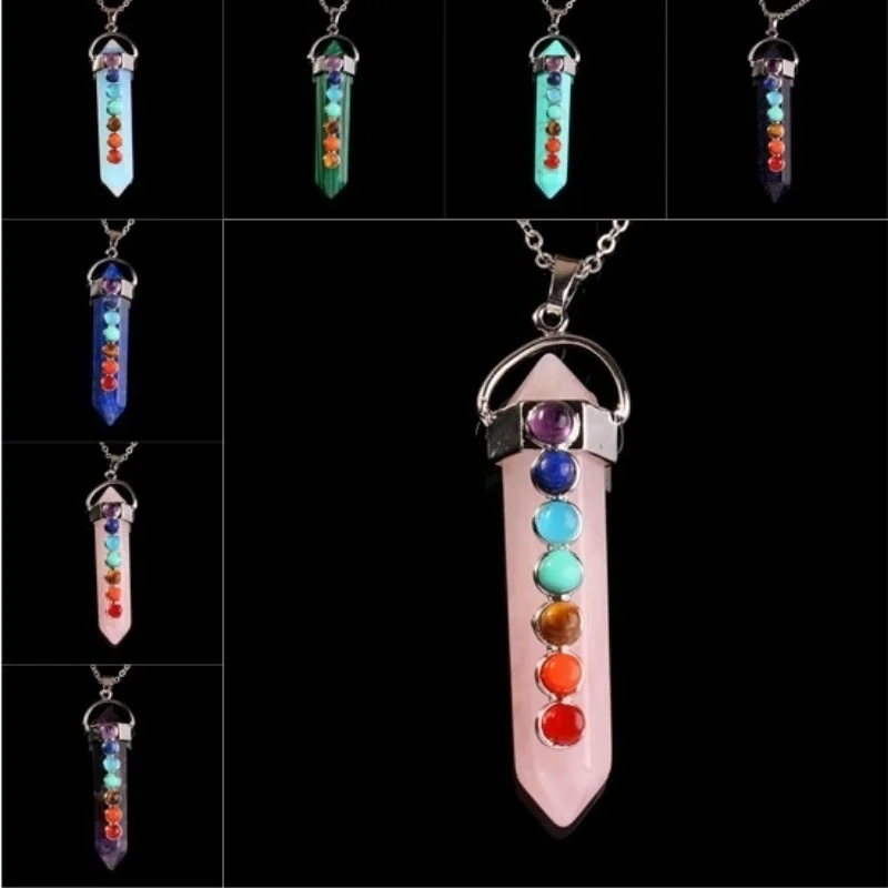 

7 Chakra Natural Opalite Crystal Healing Hexagonal Point Necklace with Seven Small Chakra Pendulum Reiki Pendant Bead Necklace