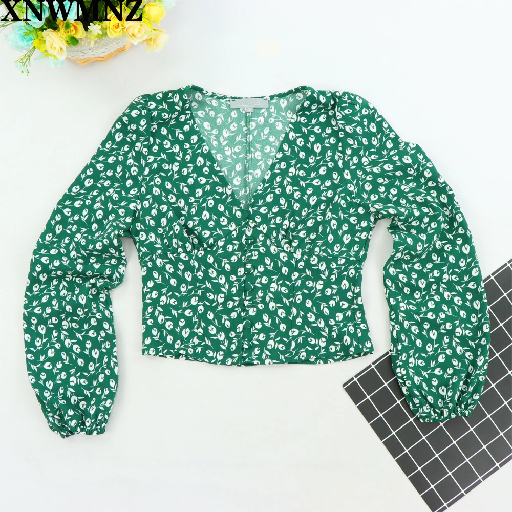

XNWMNZ Elegant blusas mujer de moda 2020 France Green Floral Print Women blouse Vintage Center Sleeve Tops SHE IN VADIM&