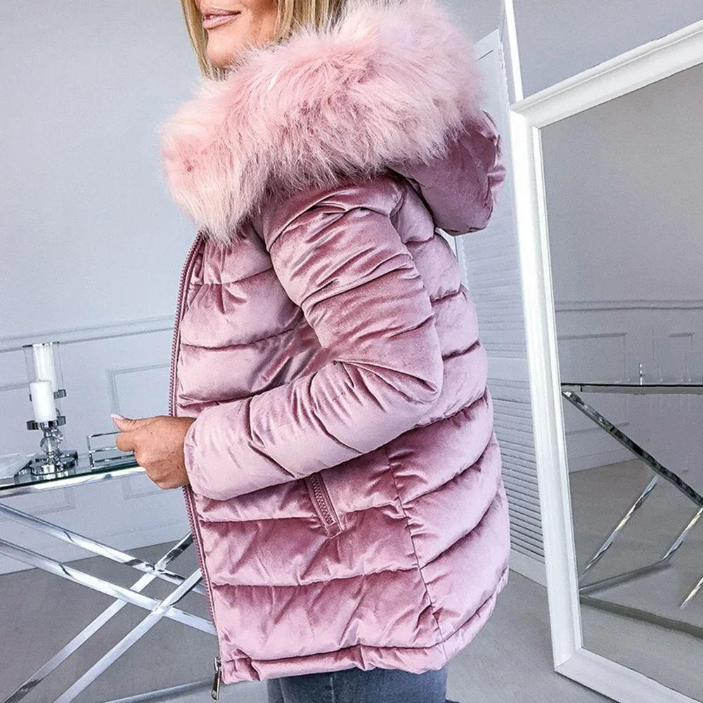 Goedkoop Winter Fluwelen Jasje Jas Vrouwen Katoen Gevoerde Jassen Grijs Roze Plus Size 4XL Capuchon Bontkraag Dikke Mode Basic Sneeuw bovenkleding