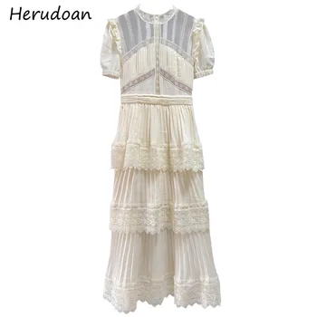 

Herudoan Fashion Runway Summer Holiday Dress Women Puff Sleeve Lace Patchwork Hollow Out Ruffled A-line Midi Dress Vestidos