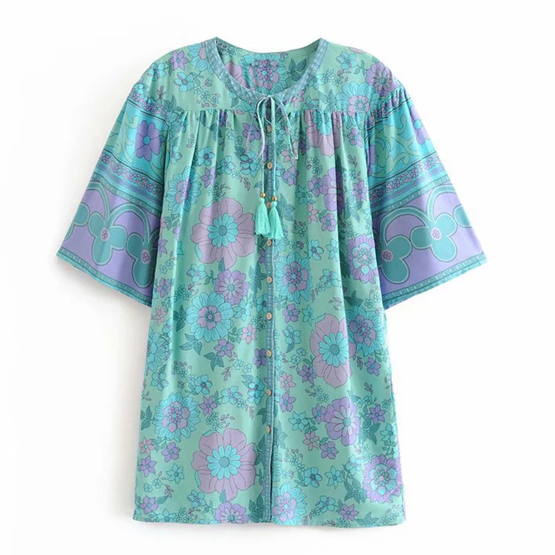 blouse TEELYNN, мини-юбка в стиле бохо, винтажная, синяя, хлопок, вискоза, цветочный принт, летние юбки, трапециевидные, богемные, пляжные юбки для женщин, юбка falda - Цвет: blouse