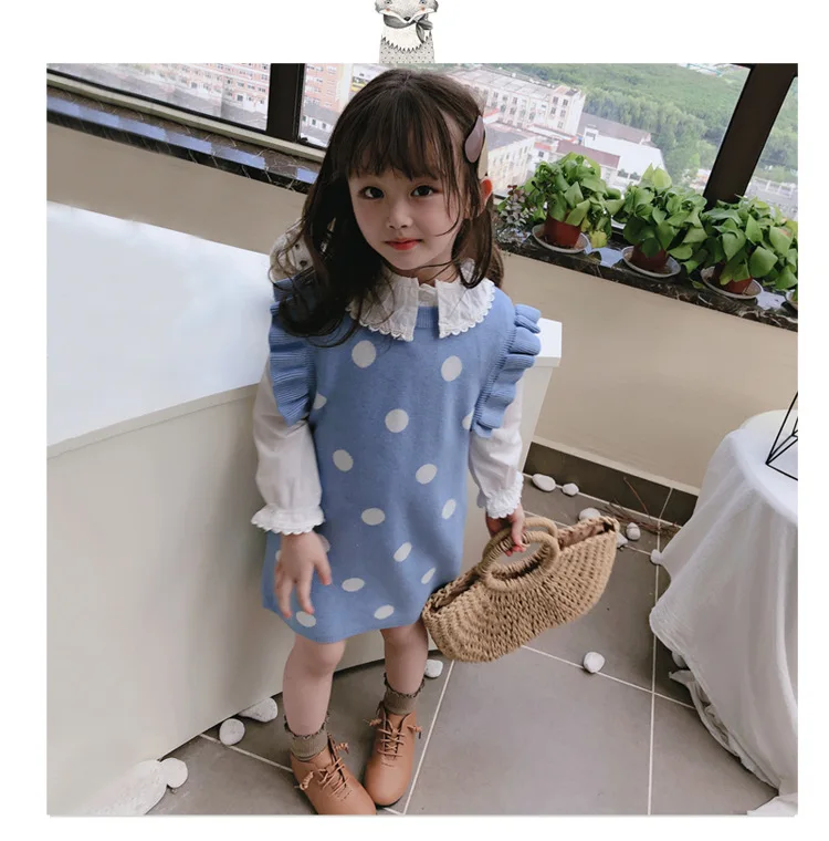 

Girls Childrenswear 2019 Spring And Autumn Korean-style Girls Small Fly Dotted Double Color Dress Sweater My1910
