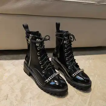 

2019 New winter shoes women's ankle boots genuine leather motorcycle boots metal chains-studded knight boots botas mujer