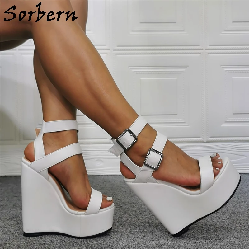 Sorbern Comfortable White Women Sandals Wedge High Heel Slingback Ankle Straps Summer Style Plus Size Women Heels 44 45 46