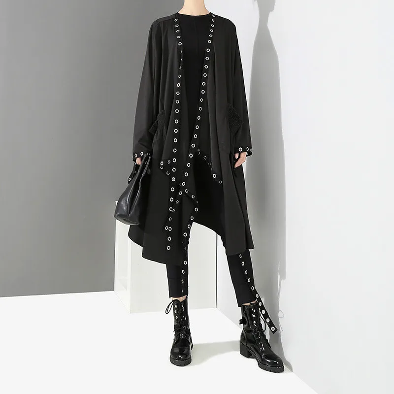 

Coat Korean Style Women Trench Long Open Design Long Tape Stitched Metal Hole Loose Female Jacket Coat Stylish Streetwear